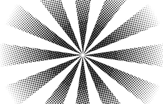 Comic sunburst background features halftone rays.