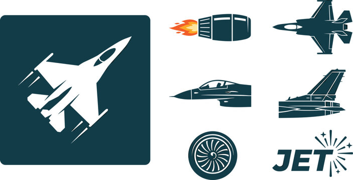 Set of fighter jet aircraft icons and symbols, including plane silhouettes, engine, and turbine, vector illustration