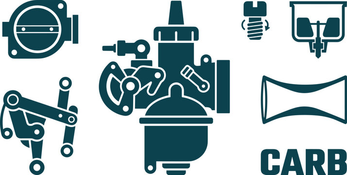 Carburetor parts and components icon set for motorcycle or engine repair