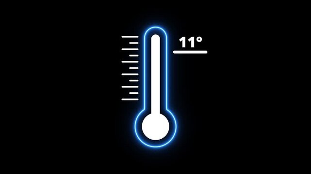 Glowing Neon thermometer icon Indicates weather temperature 11&deg;C. Thermometer equipment showing hot or cold weather. Neon blue thermometer icon with temperature.