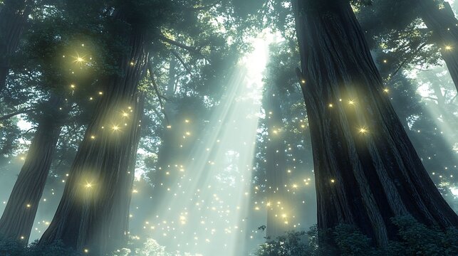 Enchanted forest with glowing fireflies and ethereal sunbeams filtering through tall trees