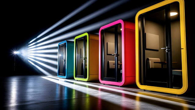 Colorful Soundproof Office Pods in Modern Workspace