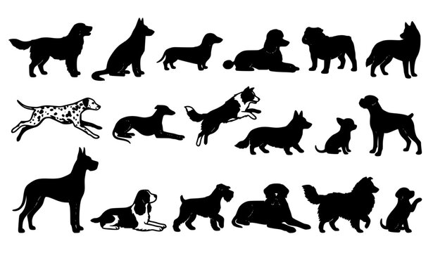 Diverse dog breeds silhouette vector collection with canine poses for pet branding and animal illustration