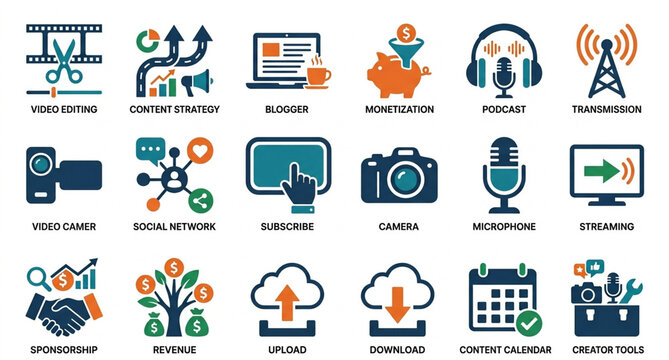 Colorful set of modern flat icons showing various technology and communication devices