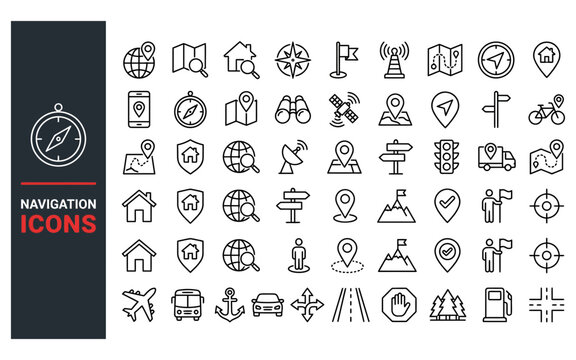 Navigation line icons with compass and global map markers which are designed for traveling system apps.