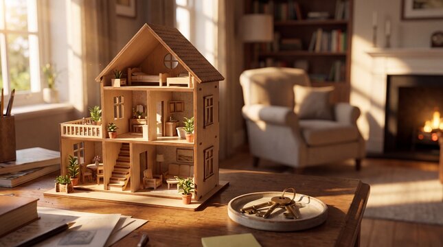 Wooden dollhouse on table in cozy living room with fireplace and armchair, miniature toy house in warm home interior illustration design