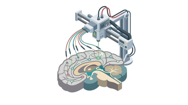 Robotic mechanical arm connecting wires to human brain anatomy representing advanced neurotechnology research in a flat vector style graphical design