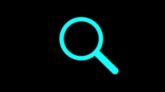 Neon cyan magnifying glass animation on black background, search concept search neon glowing interface.