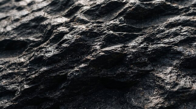 Closeup of a dark, rugged rock surface with sharp textures and natural shadows, highlighting the intricate geological details and rough, weathered appearance of the stone formation