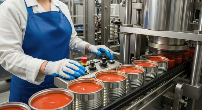 Manufacturer industrial food canning and preservation concept showing worker monitoring high speed tomato sauce cans entering seaming machine highlighting mass production safety efficiency standards