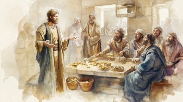 Bible Story &mdash; Paul speaks with believers about collecting gifts for needy Christians, as coins and supplies on a table symbolize generosity, unity, and practical love.