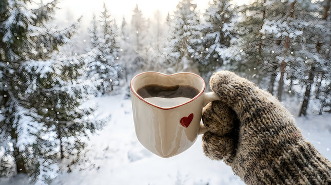 Person holding heart mug with hot coffee in snowy winter forest illustration
