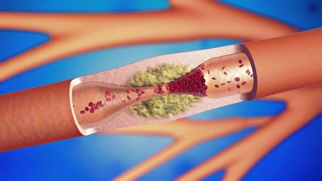 Medical 3D animation showing atherosclerosis with plaque buildup in a human artery blocking blood flow cholesterol blockage vascular disease clogged vessel cardiovascular health