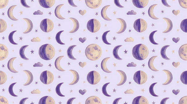Seamless pattern with moon phases stars and clouds illustration