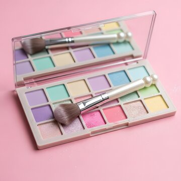 Professional makeup eyeshadow palette with pastel colors and a brush on a soft pink background