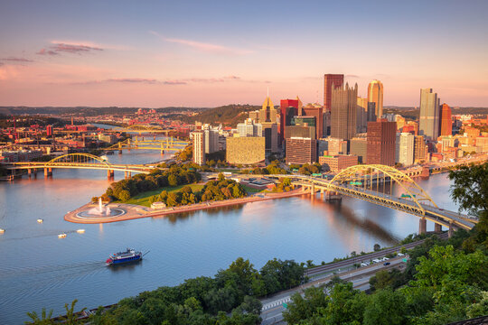 Pittsburgh, Pennsylvania, USA. Aerial cityscape image of Pittsburgh, Pennsylvania at beautiful summer sunset.