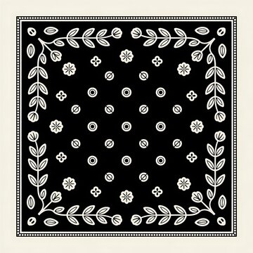 Black and white bandana pattern with floral and botanical design elements
