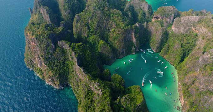 Maya Bay and Dramatic Limestone Coastline with Pi Leh Bay | Cinematic Drone Footage Thailand