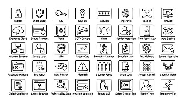 Security Lock Shield and Key Line Icon Set Editable Stroke Vector