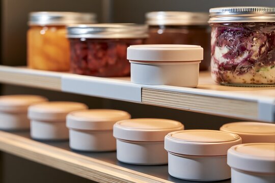 Community fridge interior with allergen-separated containers on shelf