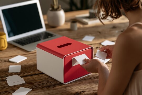 Data Manager Handling Blank Cards at Office Desk with Card Shred Lockbox