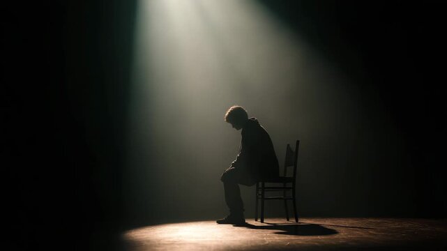 Empty dark space with an indistinct human silhouette seated on chair head bowed balanced lighting and shallow depth creating emotional weight and mental health symbolism
