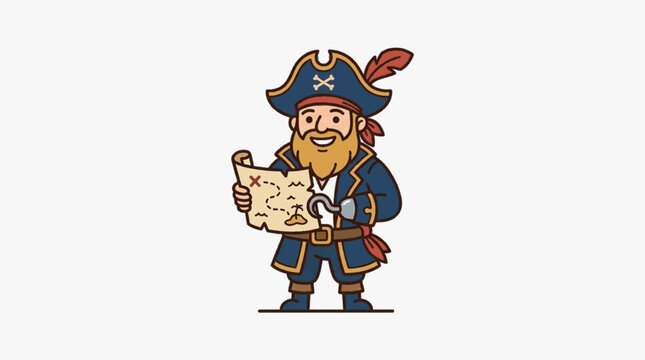 Vector illustration of a friendly cartoon pirate captain with a beard and hook hand holding an open treasure map, wearing a blue bicorne hat and coat on a plain white background.