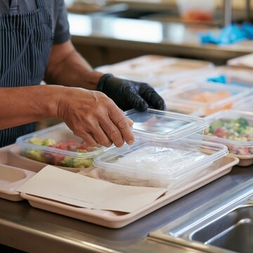 Cafeteria worker checking sealed allergy-safe lunch container on prep counter
