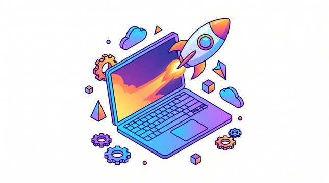 Isometric Rocket Launching from Laptop Screen: Startup Success and Business Growth