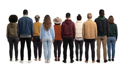 Obraz premium A diverse group of people standing in a row with their backs to the camera, isolated on white background