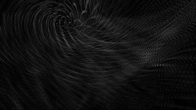 Abstract dark particle vortex swirling into a mysterious spiral, creating a futuristic digital background with depth, motion, and elegant monochrome energy.