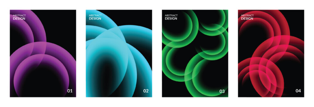 Vibrant Neon Glowing Circles Poster Template Set on Black Background, Modern Abstract Translucent Arc Wave Cover Collection, Colorful Futuristic Geometric Light Rings Vector