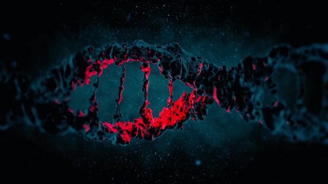 Dark sinister DNA strand with glowing red highlights rotating against a dark cosmic background with dust particles helix genetics biology science medical