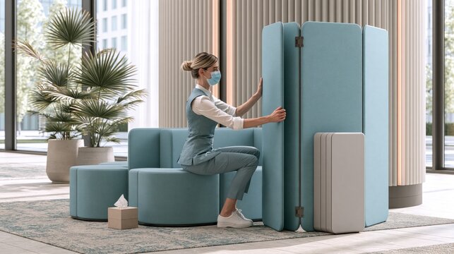 Conference assistant positioning folding screen in hotel meeting area