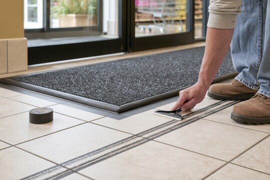 Worker Applying Floor Mat Edge Tape at Store Entrance with Squeegee