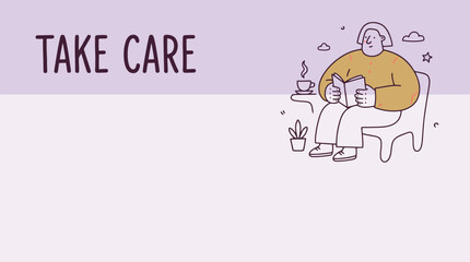 Fototapeta premium Self care concept illustration with woman reading book, take care text on purple background, mental health and wellness banner