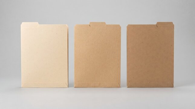 Three blank manila file folders in different shades of brown paper, arranged in a row against a neutral grey studio background, ideal for office branding mockups and professional document organization