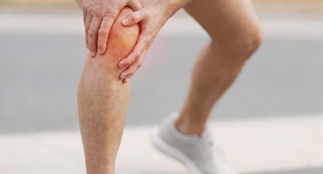 Runner holding painful knee with visible red inflammation, sports injury close-up during outdoor jogging