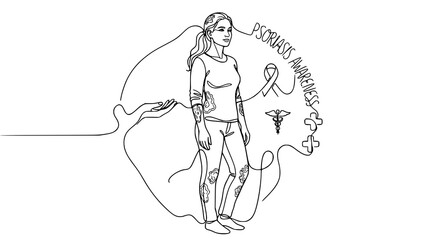 Fototapeta premium Psoriasis Skin Disease Woman Dermatology Awareness International Psoriasis Day One Line Vector