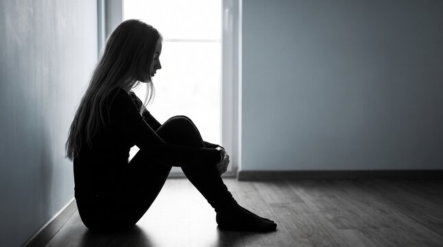 Depressed young woman's silhouette against a wall, lost in profound sadness and introspection