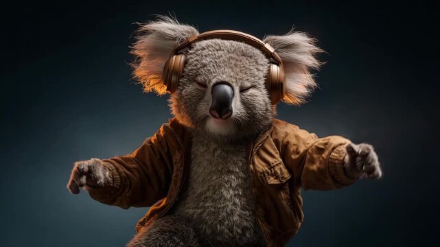 Joyful koala wearing a casual jacket and headphones dancing with relaxed rhythm balanced lighting sharp clarity friendly modern feel