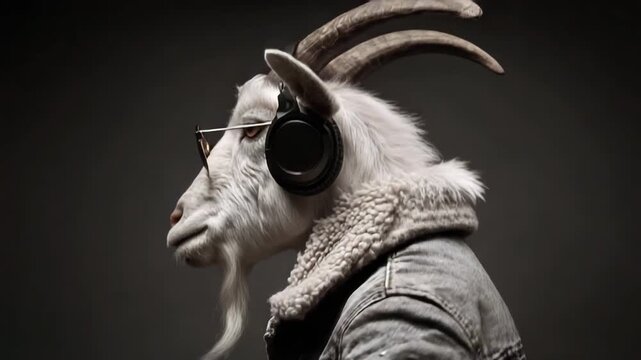 Lively goat wearing a modern jacket and headphones dancing confidently expressive movement balanced lighting sharp clarity creative tone