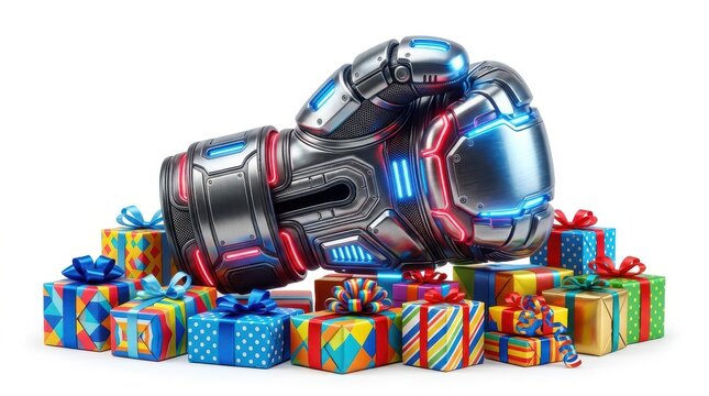 Futuristic boxing glove sitting on a pile of colorful gifts