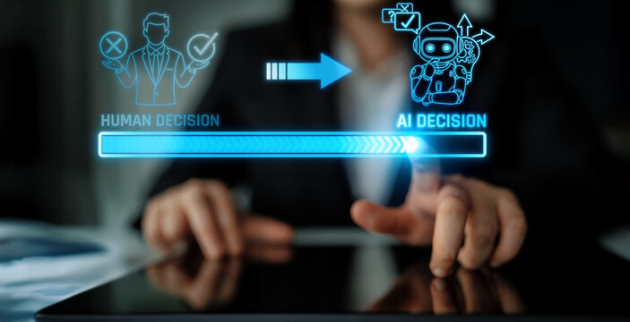 Human versus AI Decision-Making Process in Modern Business Environment with Visual Representation of Choices and Technology Integration. Liminal.