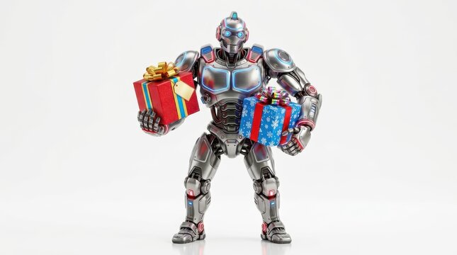 Metallic robot holding two colorful gift boxes