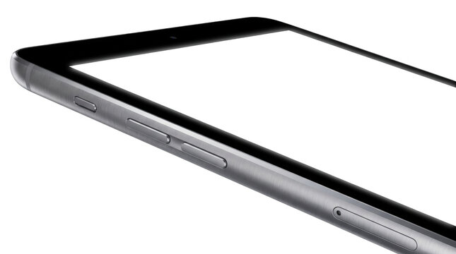 Tablet computer side view showcasing volume buttons and metallic casing on a clean transparent background.