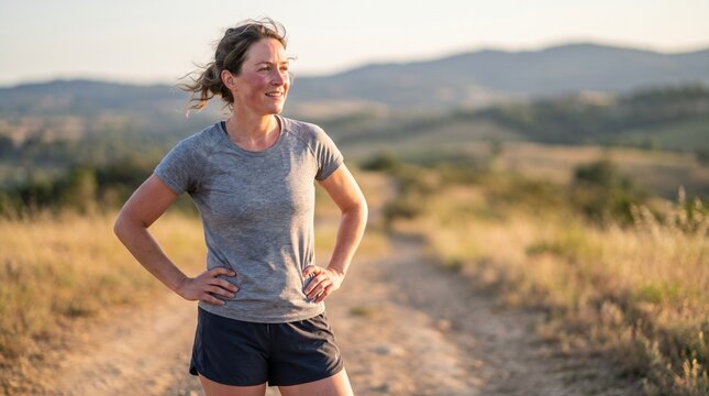Female runner standing on a trail resting after a workout looking at the view