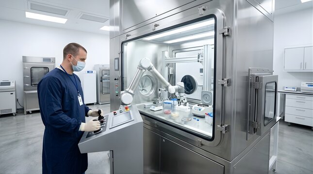 Scientist operating a robotic arm inside a sterile laboratory isolator
