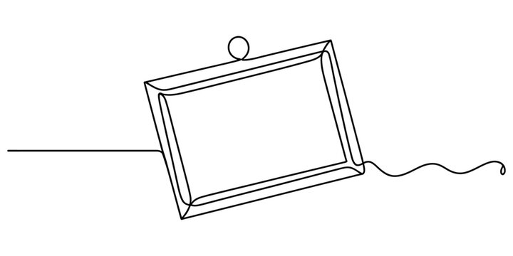 Empty hanging rectangular picture frame black ink illustration simple line art style depicting home interior wall decor exhibition art gallery display.