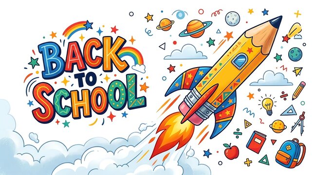Colorful back to school illustration with a creative pencil rocket ship flying through space with educational doodles